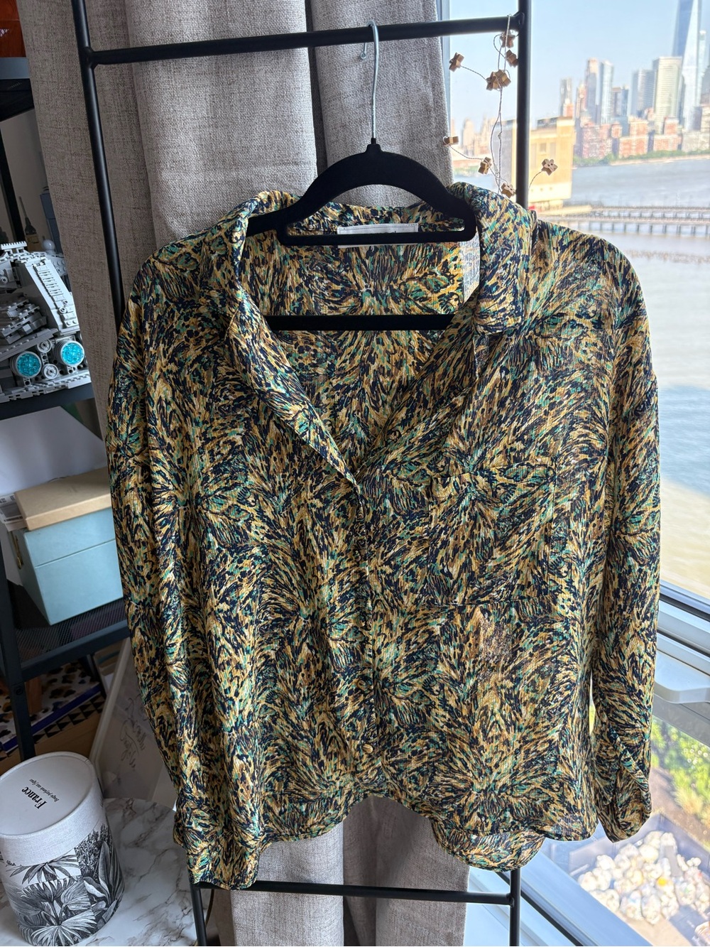 Promod Multicolor Button-Down Blouse in Green, Black, Tan